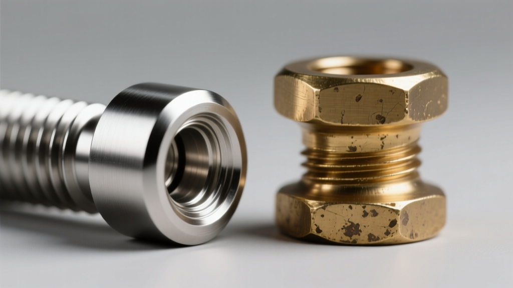 Macro shot of 20-gauge titanium post beside rough brass post, highlighting surface smoothness under a bright macro lighting setup.