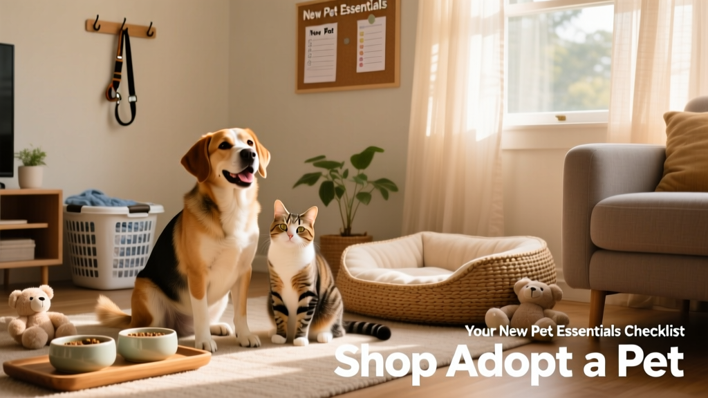 A joyful dog and cat sitting side by side beside a tidy, pet-friendly living room with toys, bowls, and a cozy bed