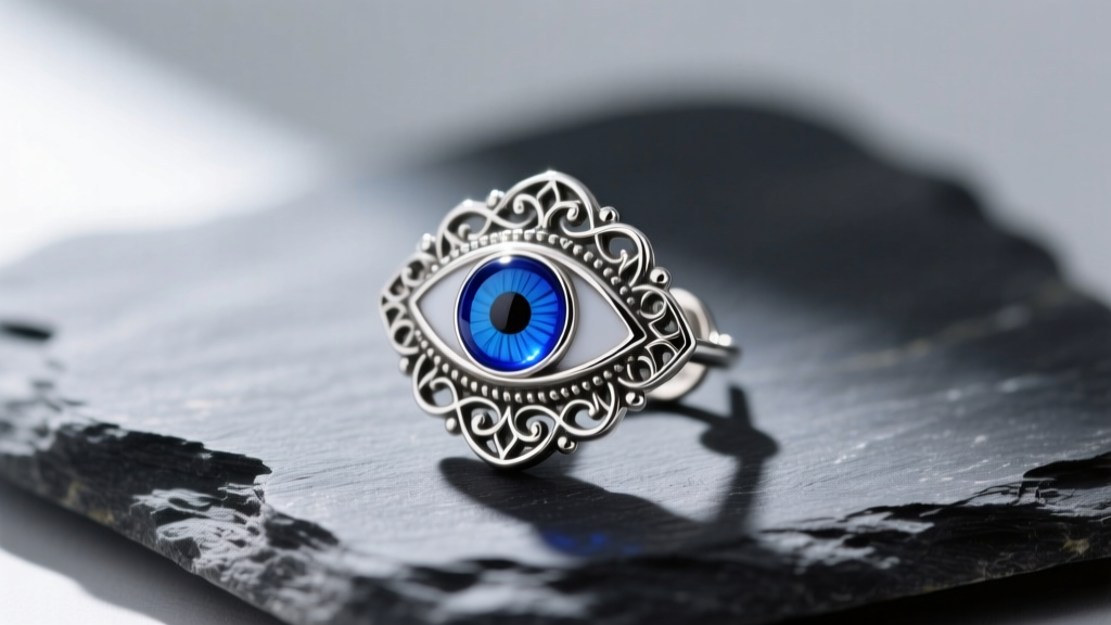 Macro shot of a sterling silver Turkish eye earring with a vibrant blue glass nazar bead resting on dark slate stone