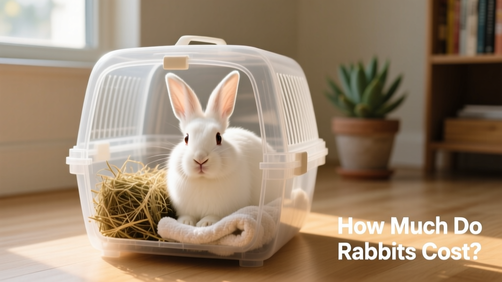 A calm rabbit inside a well-ventilated carrier, with a small hay bundle and soft towel visible inside