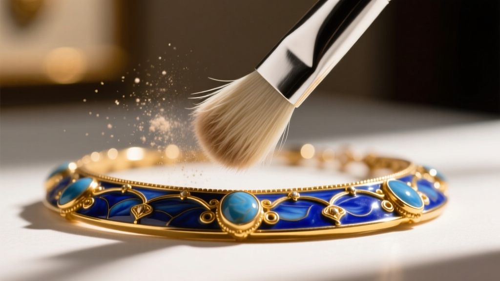 Close-up of a soft goat-hair brush gently dusting the blue vitreous enamel and gold bezels of a Hellenistic-style necklace.