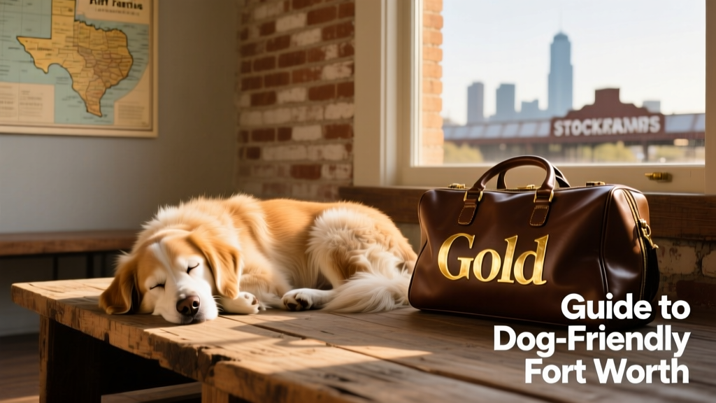 a sleeping fluffy dog on a wooden platform next to a bag marked gold