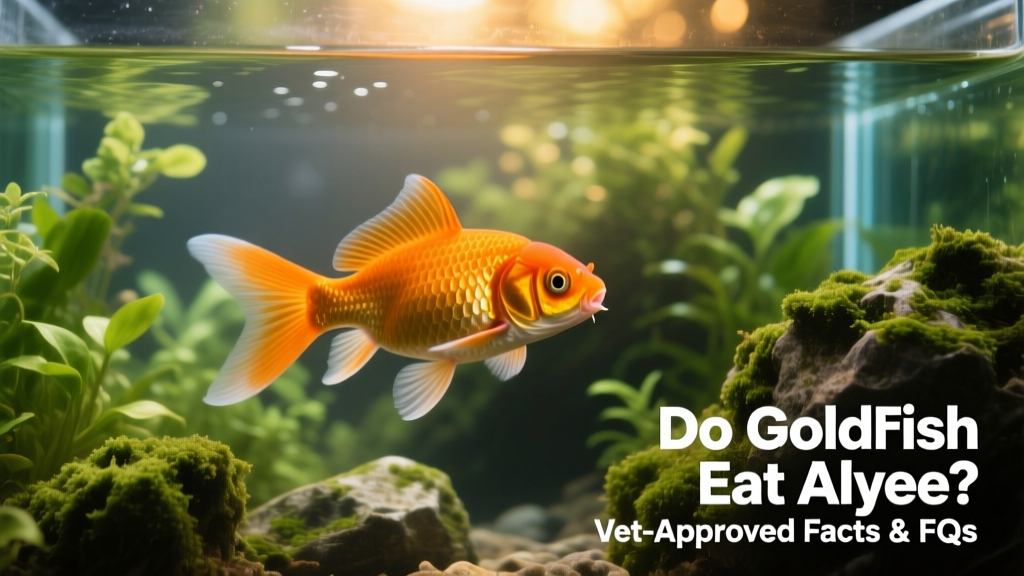 A healthy goldfish swimming near algae-covered rocks and live plants in a well-maintained freshwater aquarium