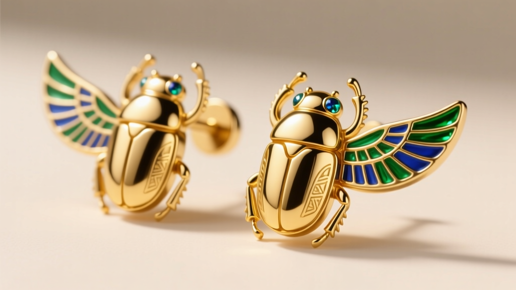 Close-up of 18k gold scarab stud earrings with green and blue enamel inlay on the wings under soft, directional studio lighting
