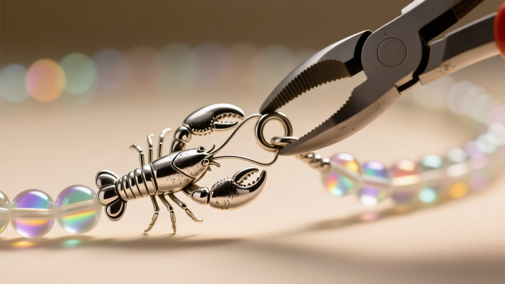 Macro shot of a sterling silver lobster clasp attached to a vintage 90s bubble necklace cord using a small jump ring and pliers