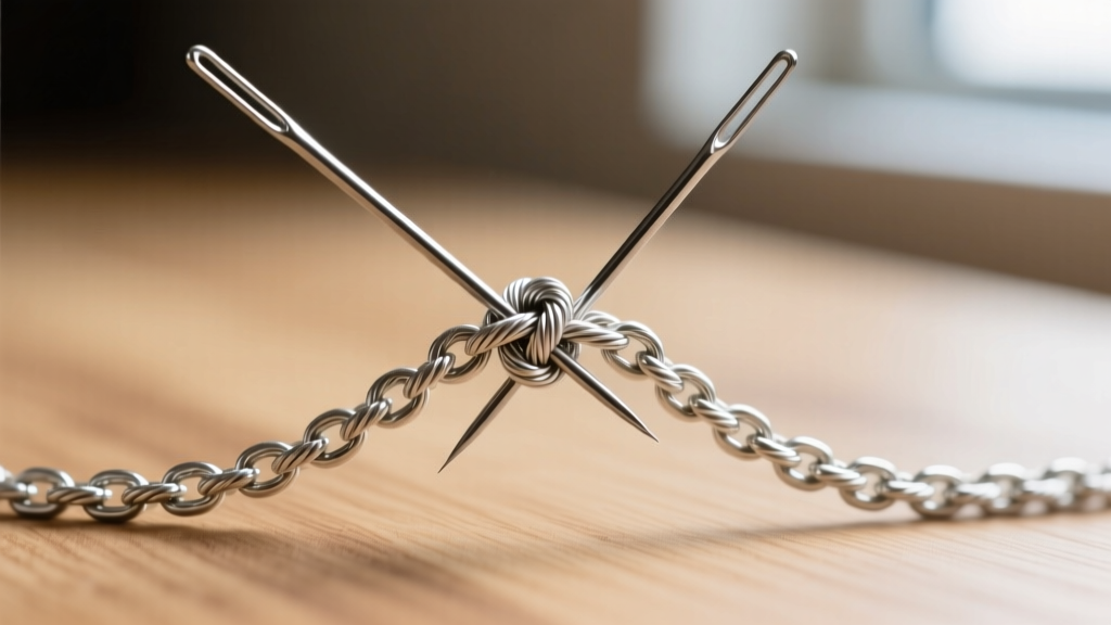 Macro shot of two sewing needles gently prying apart a tightly knotted 1.2mm sterling silver cable chain on a light wooden surface.