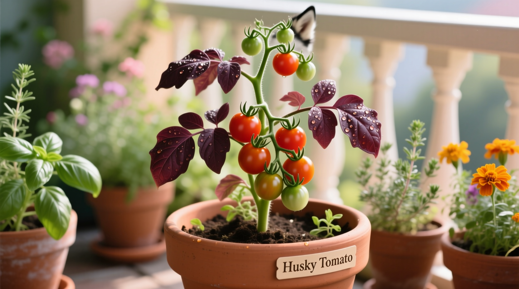 Husky cherry tomato plant growing in container garden