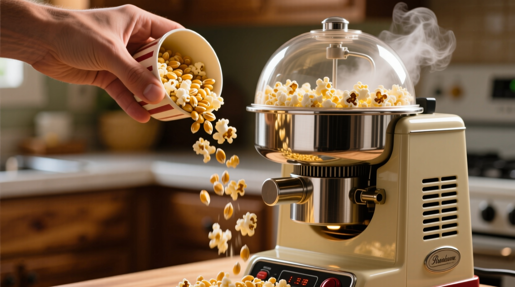 Hand pouring popcorn kernels into electric popcorn maker