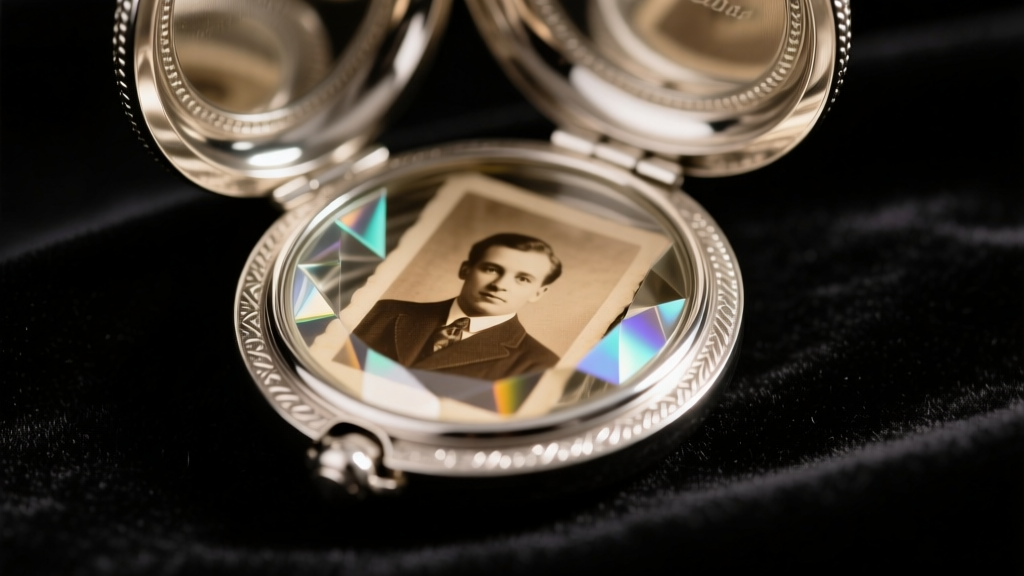 Macro shot of open sterling silver oval locket revealing a sepia photo protected by beveled mineral glass resting on dark velvet
