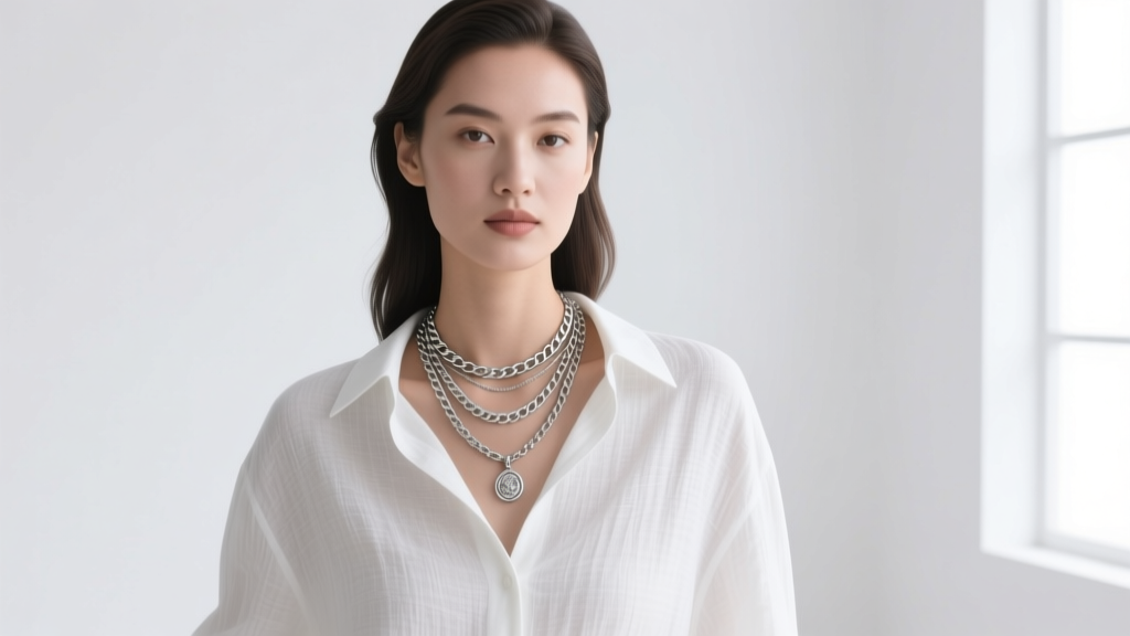 Model wearing a layered stack of three star sterling silver necklaces at varying lengths against a white linen button-down shirt