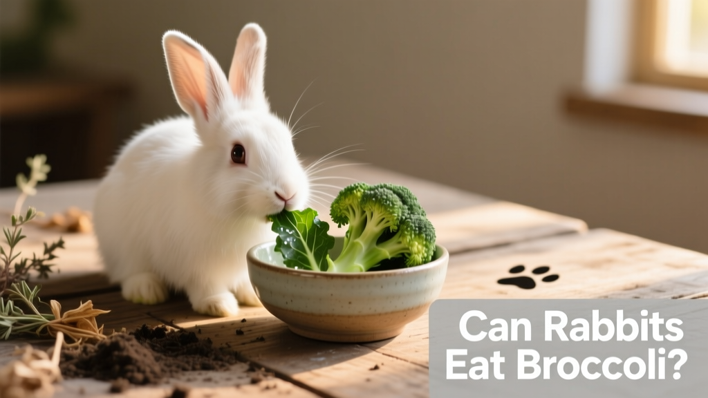 Rabbit eating fresh broccoli leaves from a shallow ceramic bowl
