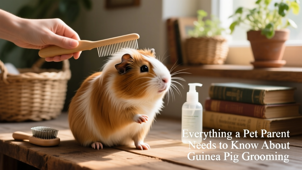 A guinea pig with long, silky fur being carefully combed with a fine-tooth detangling comb
