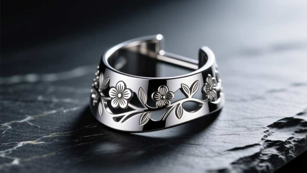 Macro shot of an implant-grade titanium flat piercing shield with intricate floral cutouts resting on a dark slate surface.