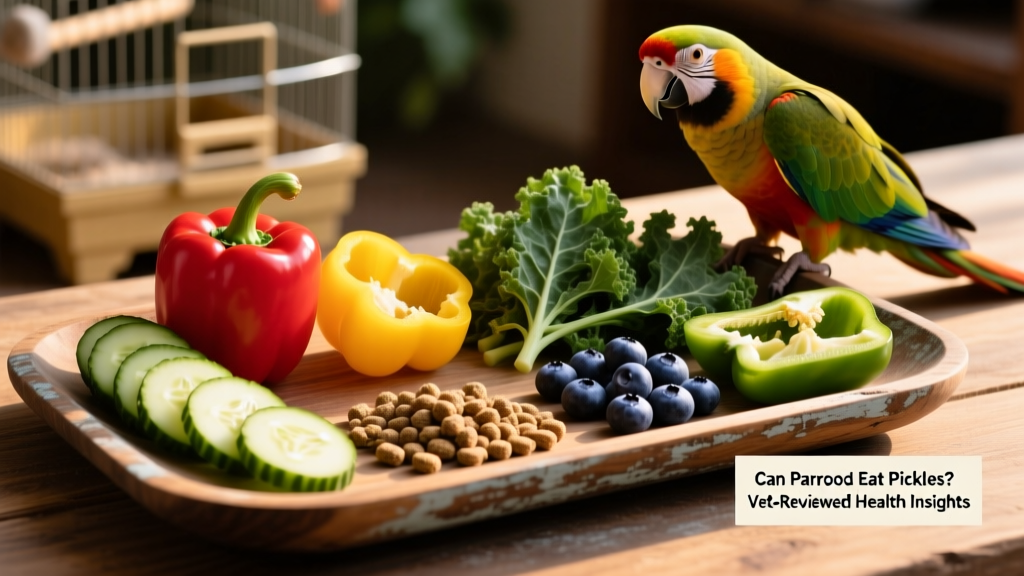 Colorful assortment of safe parrot foods: cucumber, bell peppers, kale, blueberries, and FurPetVo pellet samples arranged on a clean wooden tray