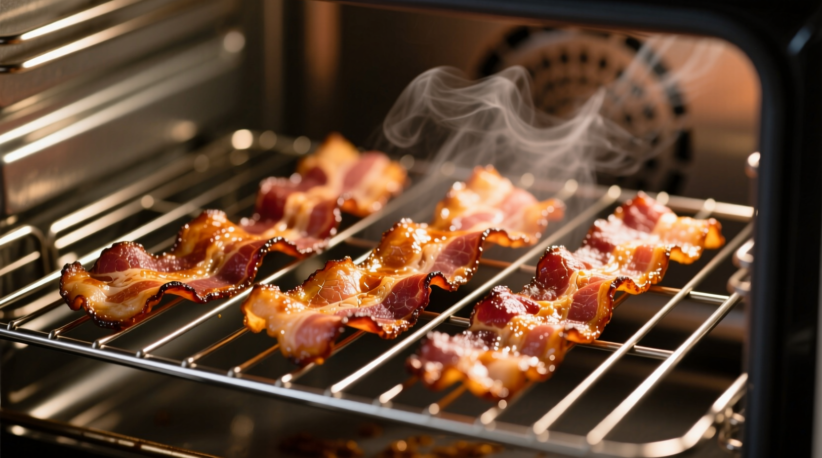 Crispy bacon strips on wire rack in toaster oven