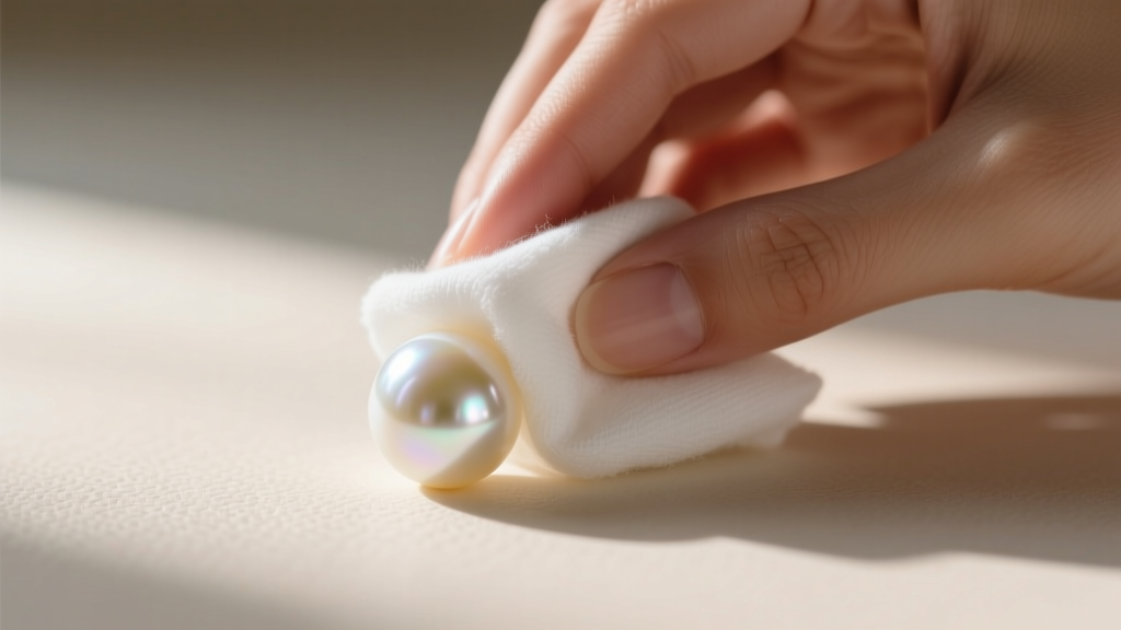 Hands wiping a cultured pearl with a damp white cotton cloth, neutral background, emphasizing gentle jewelry maintenance.
