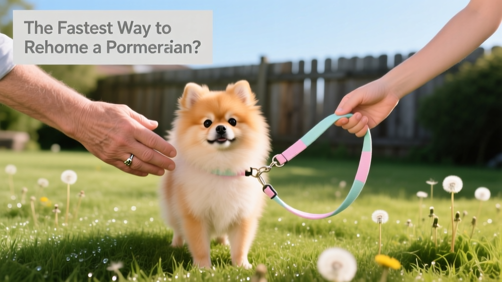 Two hands—one belonging to a current owner, one to a new adopter—gently exchanging a Pomeranian’s leash in a calm, grassy yard