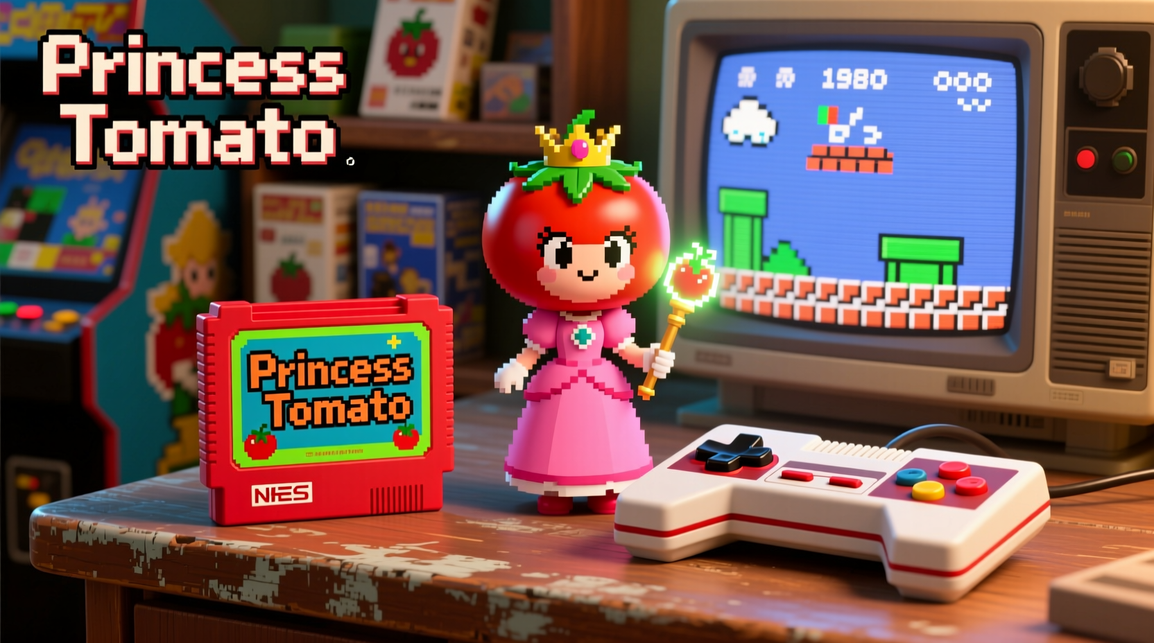 Princess Tomato NES game cartridge and controller