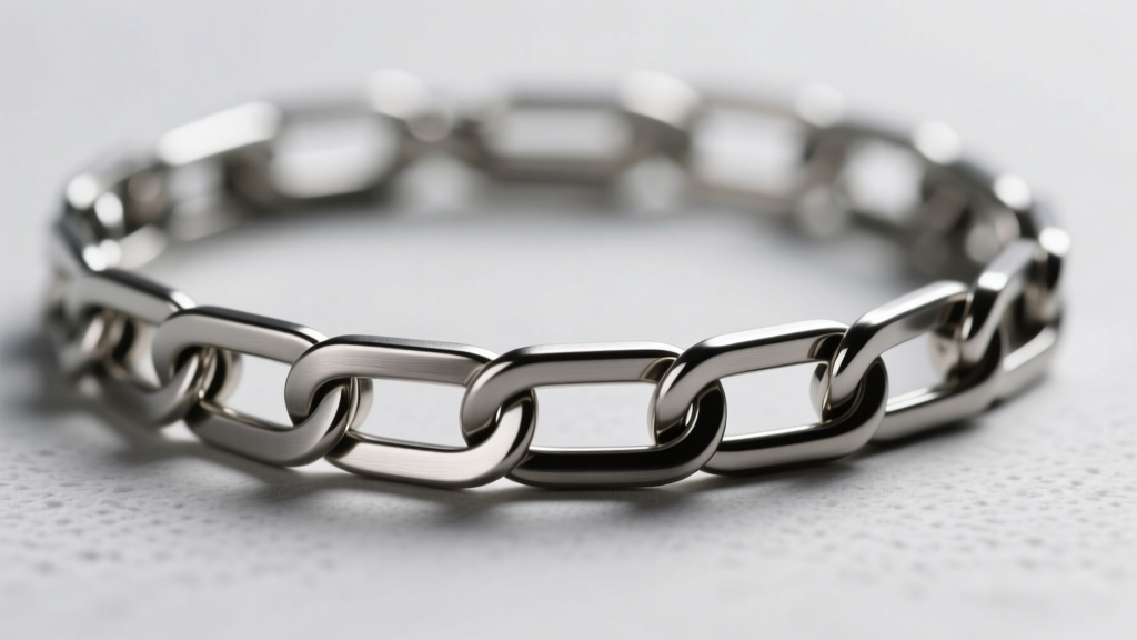 Macro shot of a thick steel paperclip necklace showing flat interlocking links and a brushed matte finish under soft light.