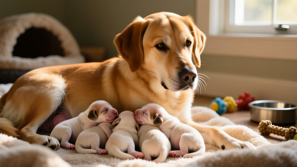 mother dog nursing puppies, postnatal