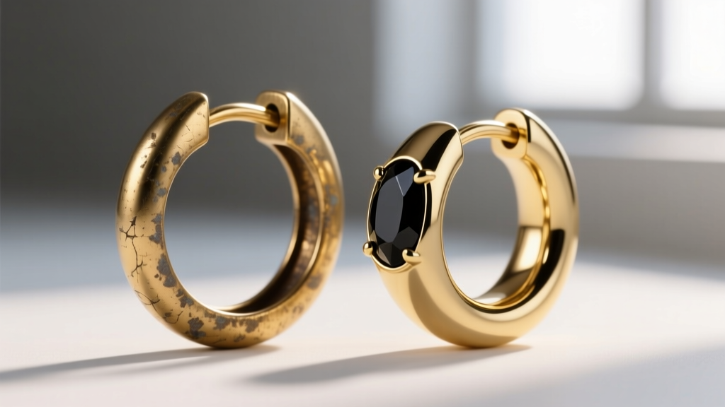 Close-up of a tarnished gold-plated brass hoop clasp next to a pristine 18k gold vermeil huggie hoop featuring black onyx inlay