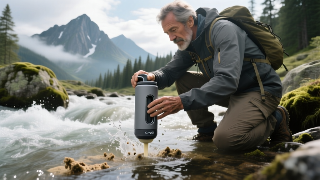Hiker pressing the inner sleeve of a Grayl GeoPress water purifier into a murky alpine stream to filter drinking water