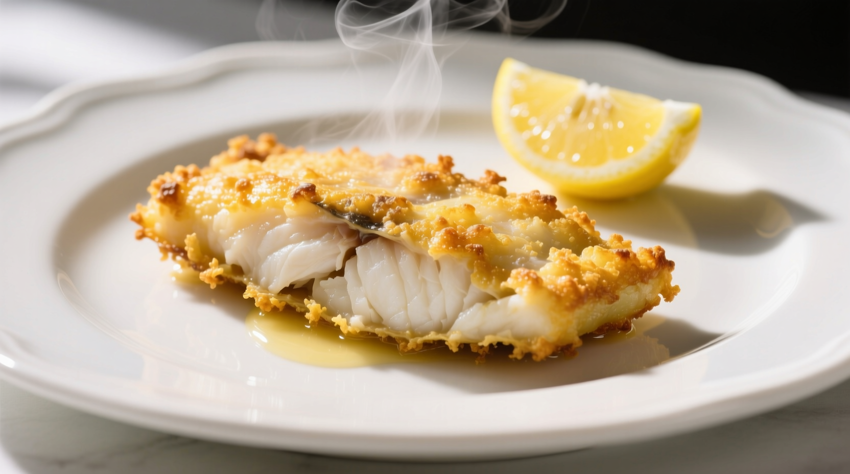 Golden potato crusted cod on white plate with lemon wedge