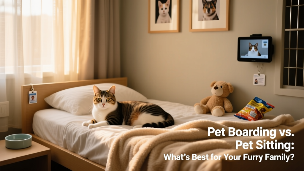 A calm, relaxed cat resting in a quiet, softly lit boarding suite with familiar bedding and toys