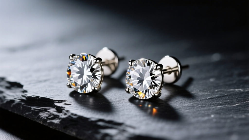 Macro shot of 14k white gold diamond stud zale earrings on dark slate, lit by soft studio lighting to highlight the diamond facets