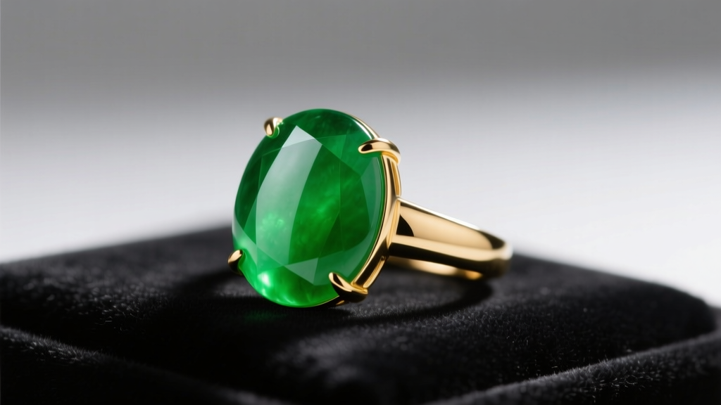 Vibrant emerald-green Type A imperial jadeite cabochon ring in 18k gold, shot under soft daylight to show translucency
