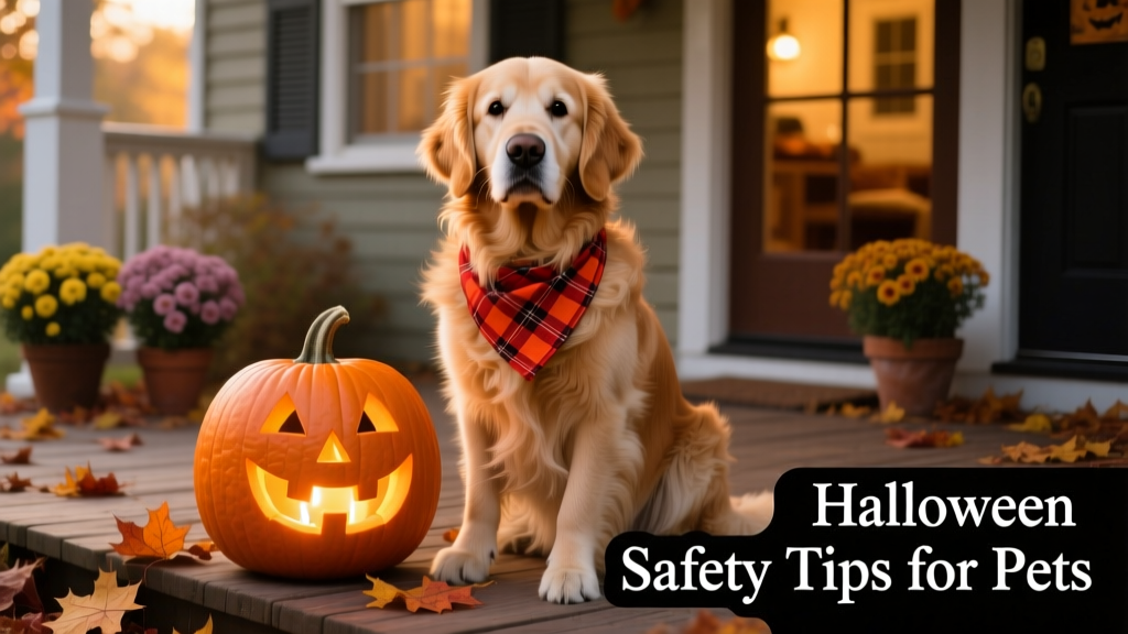 A calm dog wearing a festive bandana, sitting beside a pumpkin decorated with a flameless LED candle
