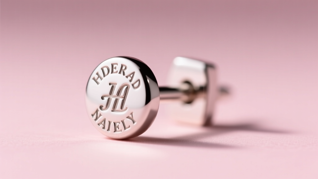 Macro view of a silver earring post showing a hallmark stamp and smooth unoxidized finish against a soft pastel pink background.