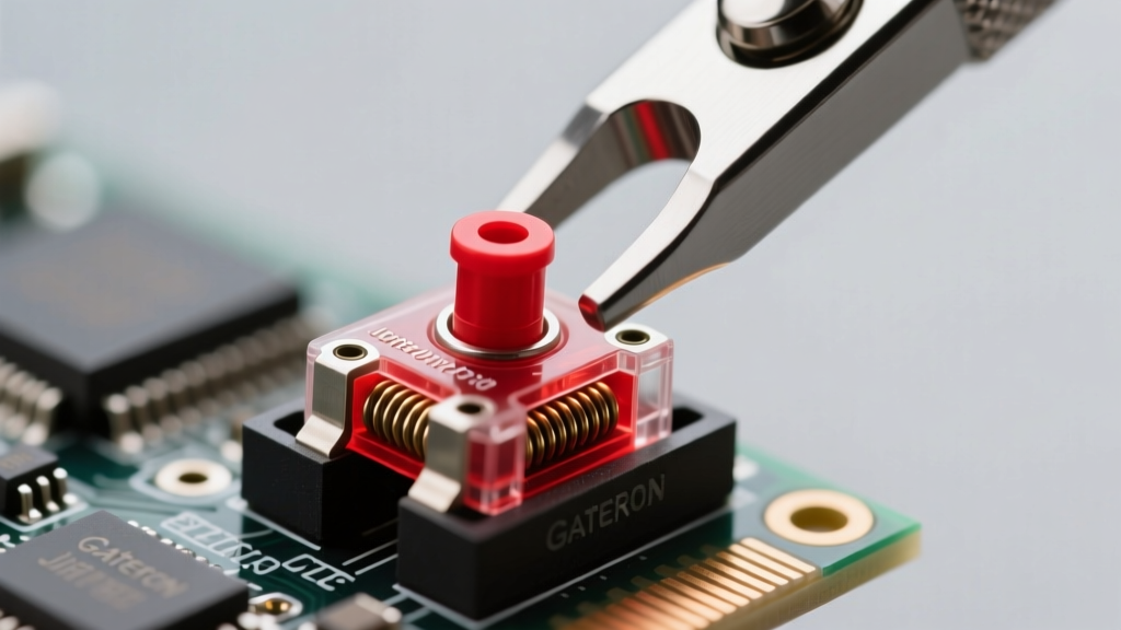 Close-up macro shot of a Gateron Jupiter Red switch being removed from a hot-swappable PCB socket using a metal switch puller tool