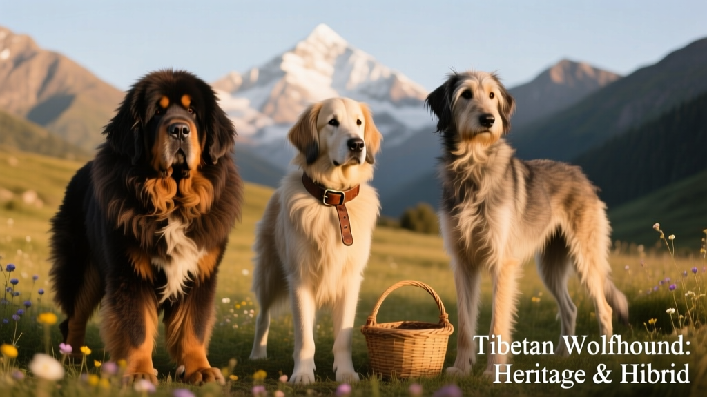 Side-by-side comparison showing an adult Tibetan Wolfhound and its two parent breeds—Tibetan Mastiff and Irish Wolfhound—to illustrate physical similarities and distinctions