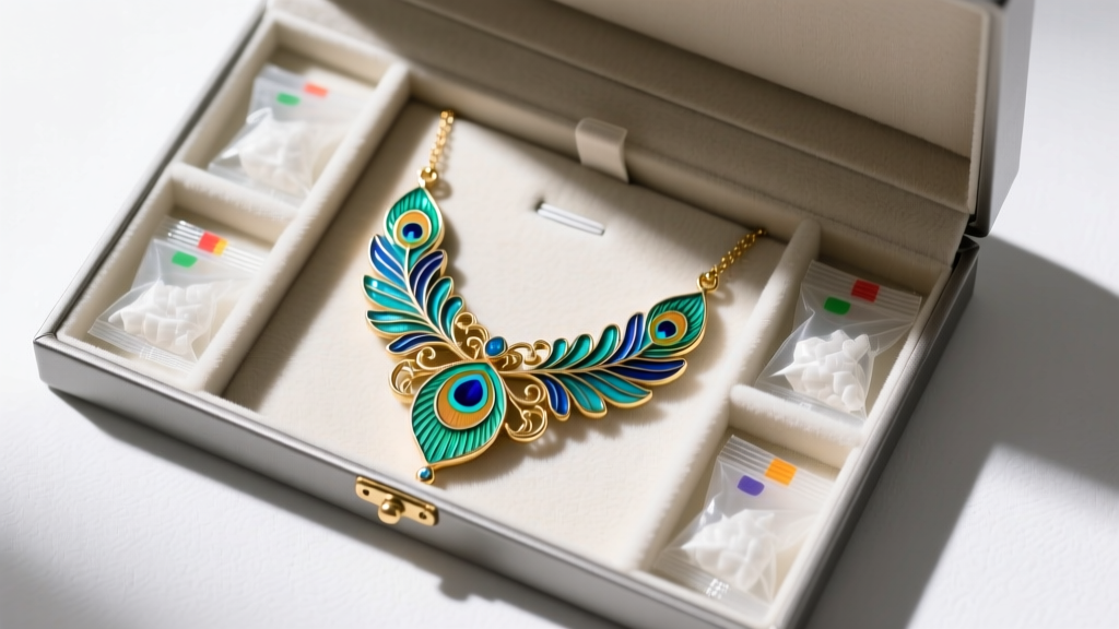 Open anti-tarnish jewelry box showing a peacock pendant necklace stored flat with silica gel packets, shot from a top-down angle