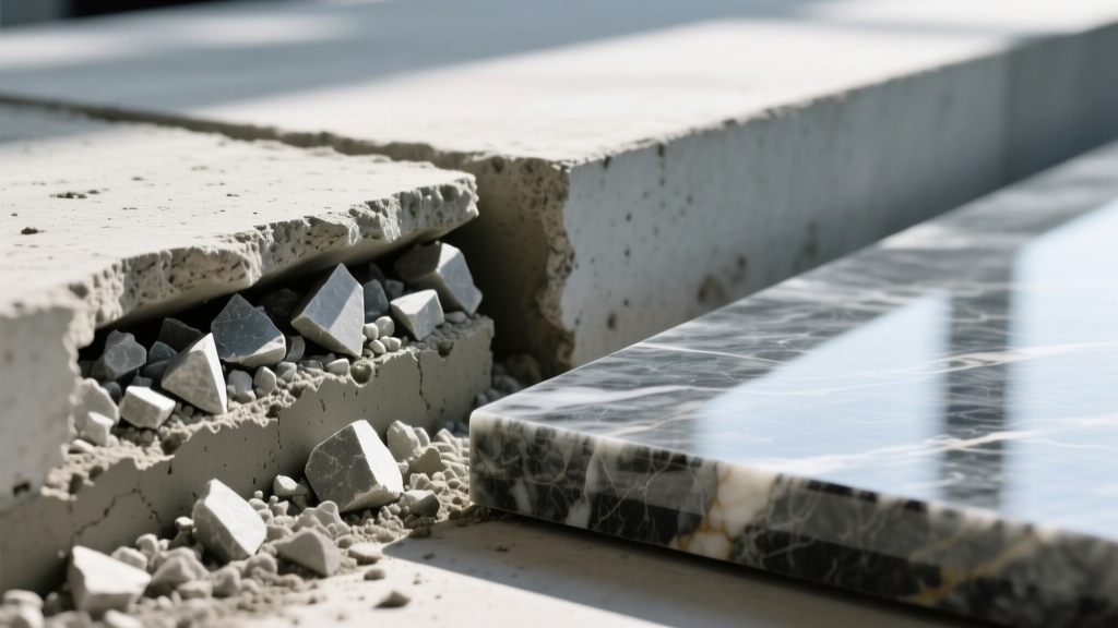 Close-up cross-section of poured concrete slab revealing crushed limestone aggregate next to a polished natural granite paving stone
