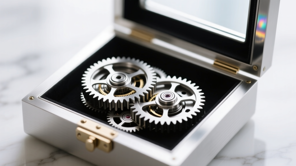 Macro shot of CNC-machined stainless steel internal gears inside an open cryptex jewelry box, highlighting precise metal teeth.