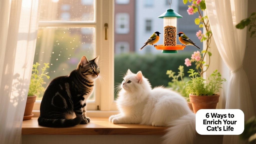 Two cats lounging side-by-side on a sunlit windowsill with a bird feeder visible outside