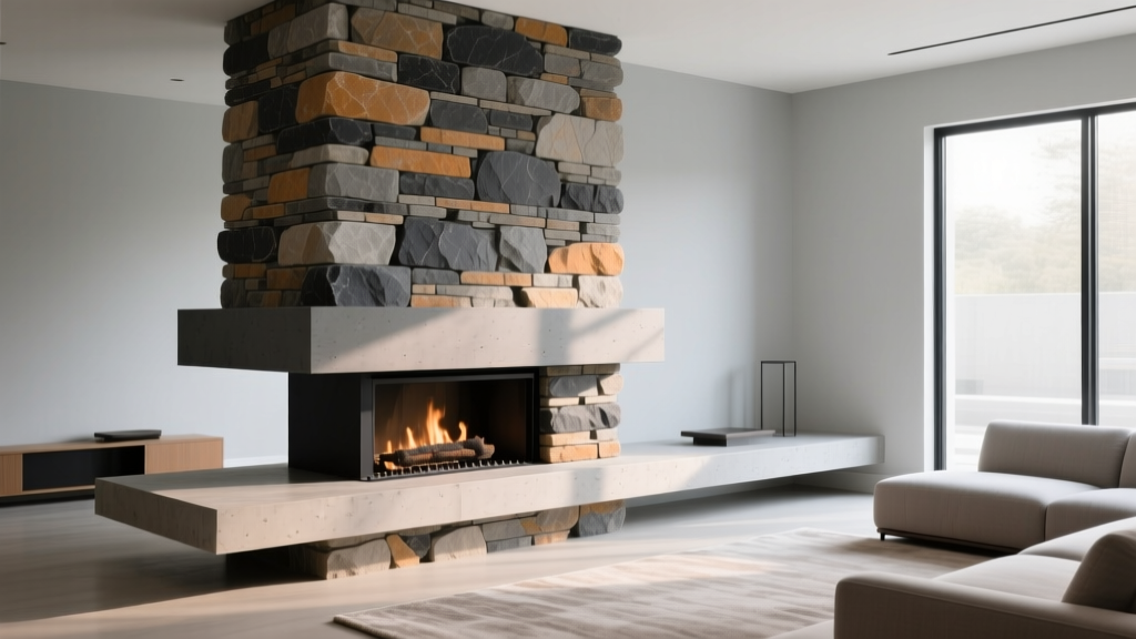 Stacked stone fireplace with tight joints and cantilevered hearth, enabled by polymer modified mortar in a modern living room.