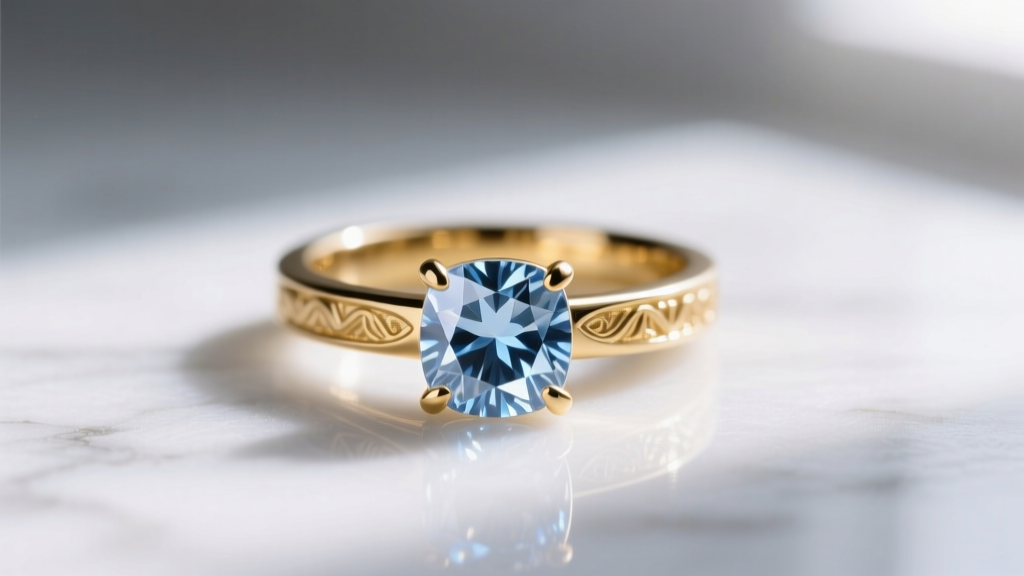 Macro shot of a 14k gold cremation diamond ring with a cushion-cut stone showing faint blue hues, resting on white marble.