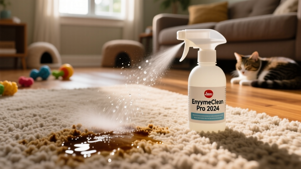 Close-up of a spray bottle being used on a carpet stain, with visible moisture absorption