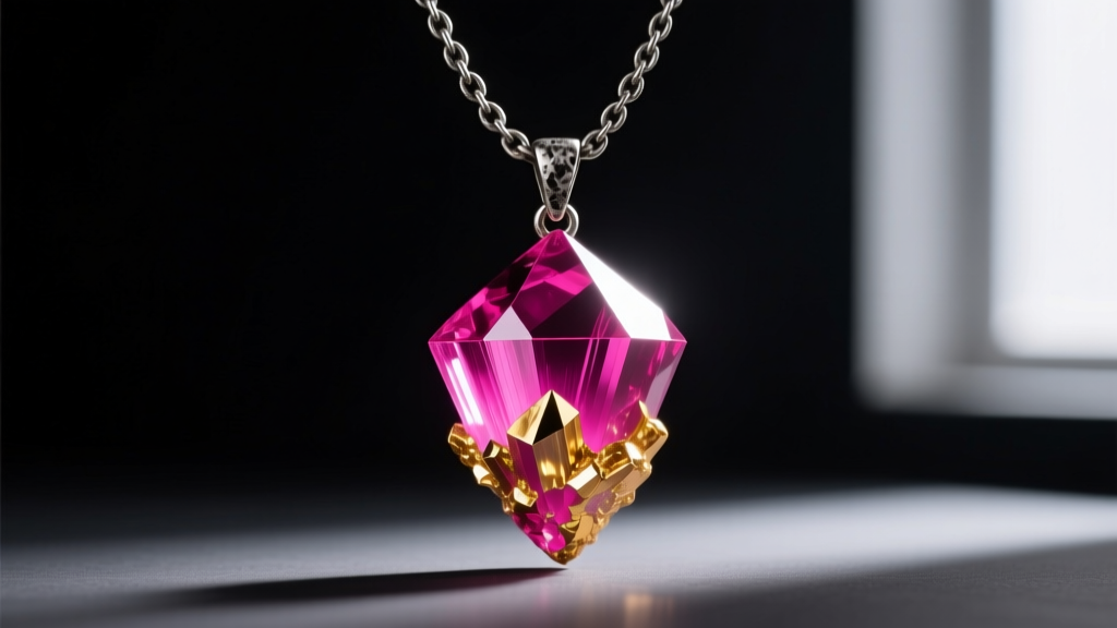 Vivid magenta and gold bismuth hopper crystal pendant on an oxidized silver chain, photographed against a dark matte backdrop.