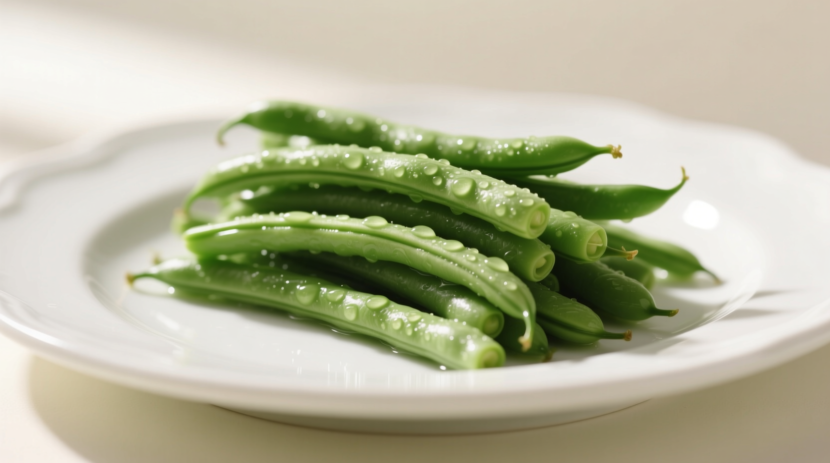 Perfectly cooked vibrant green beans on white plate