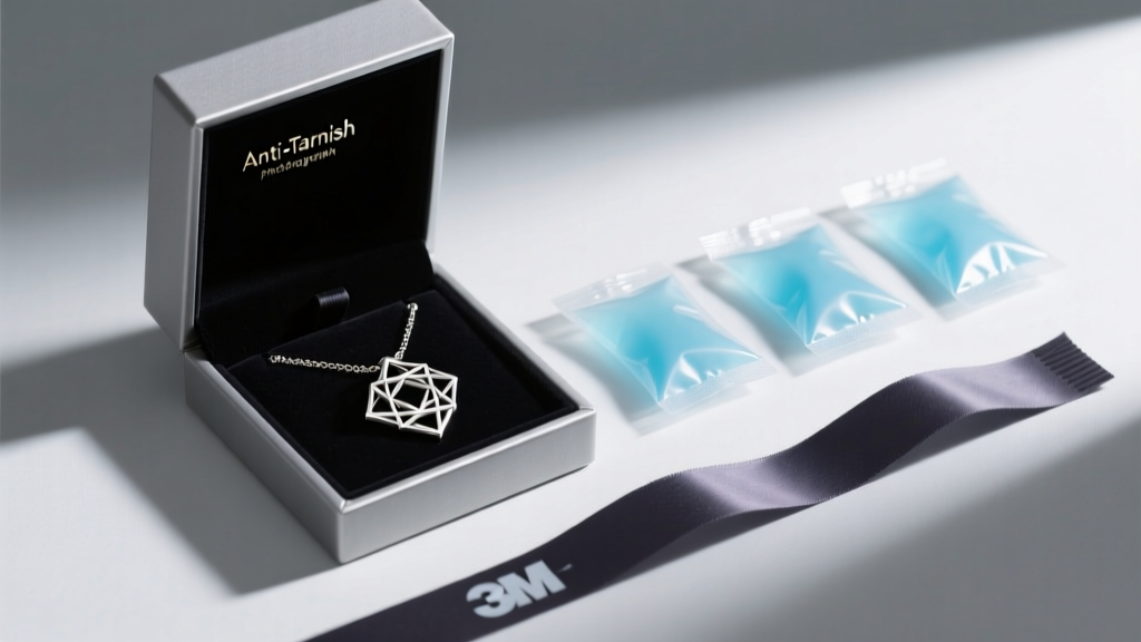 Open anti-tarnish box holding a computational geometry necklace, alongside silica gel packets and a dark 3M anti-tarnish strip.