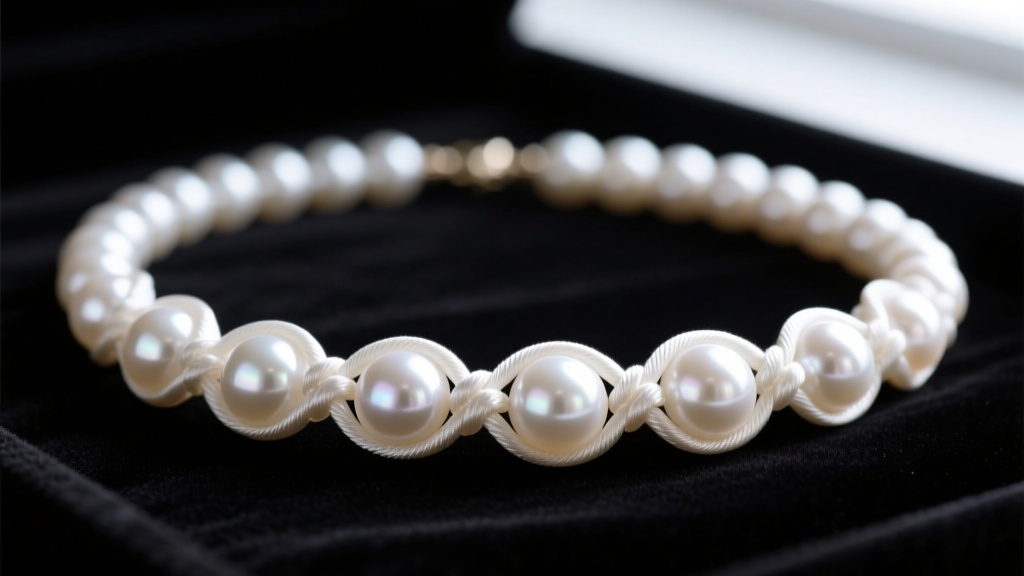 Macro shot of a knotted white Akoya pearl necklace on dark velvet, highlighting tight silk knots between each spherical bead.