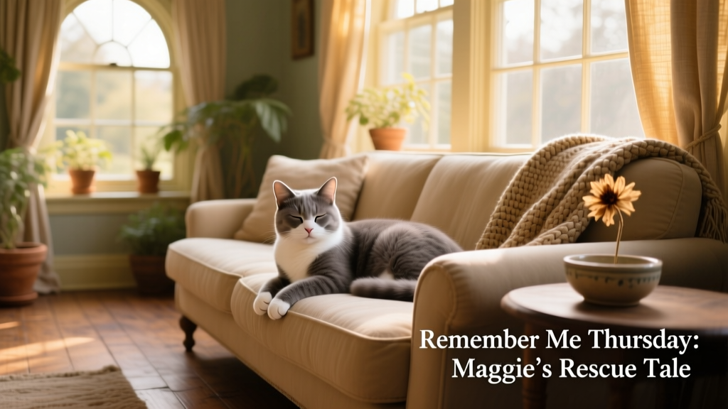 Maggie resting peacefully on a sunlit couch in a bright, cozy sunroom