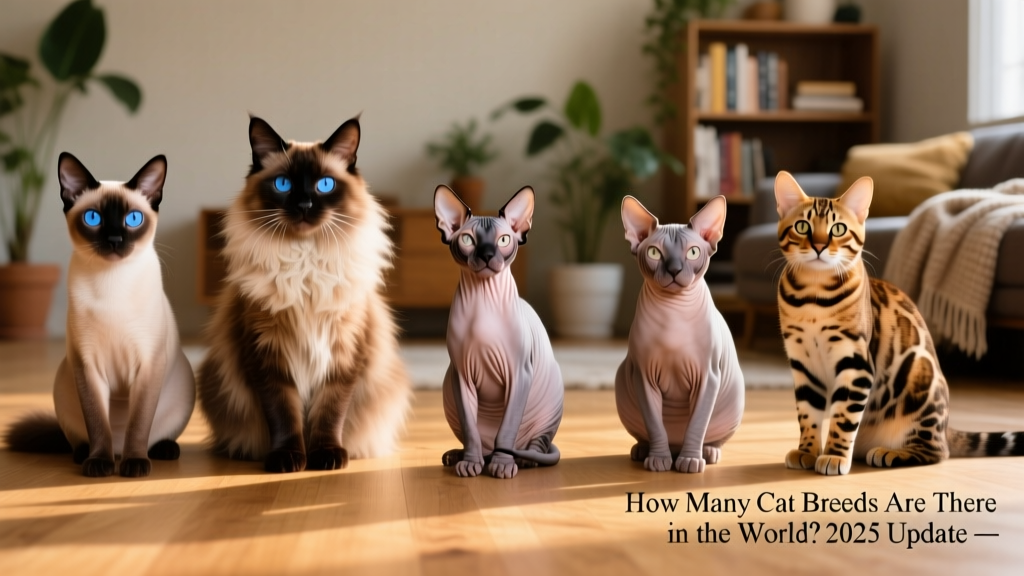 Side-by-side comparison of five distinct cat breeds: Siamese, Maine Coon, Sphynx, British Shorthair, and Bengal