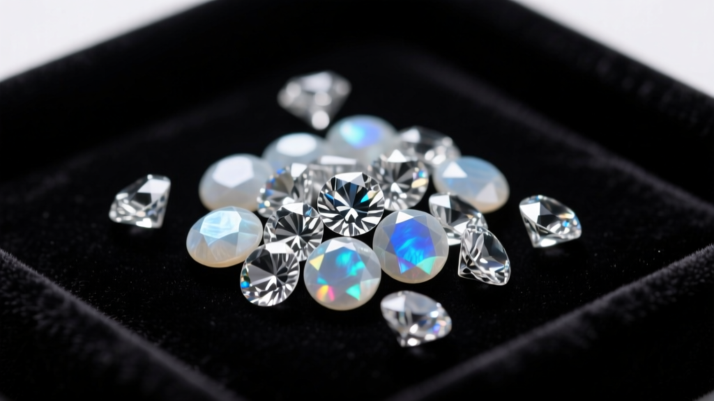 Macro shot of 6mm faceted cubic zirconia and moonstone cabochons scattered on a dark velvet gem tray under bright studio lighting.