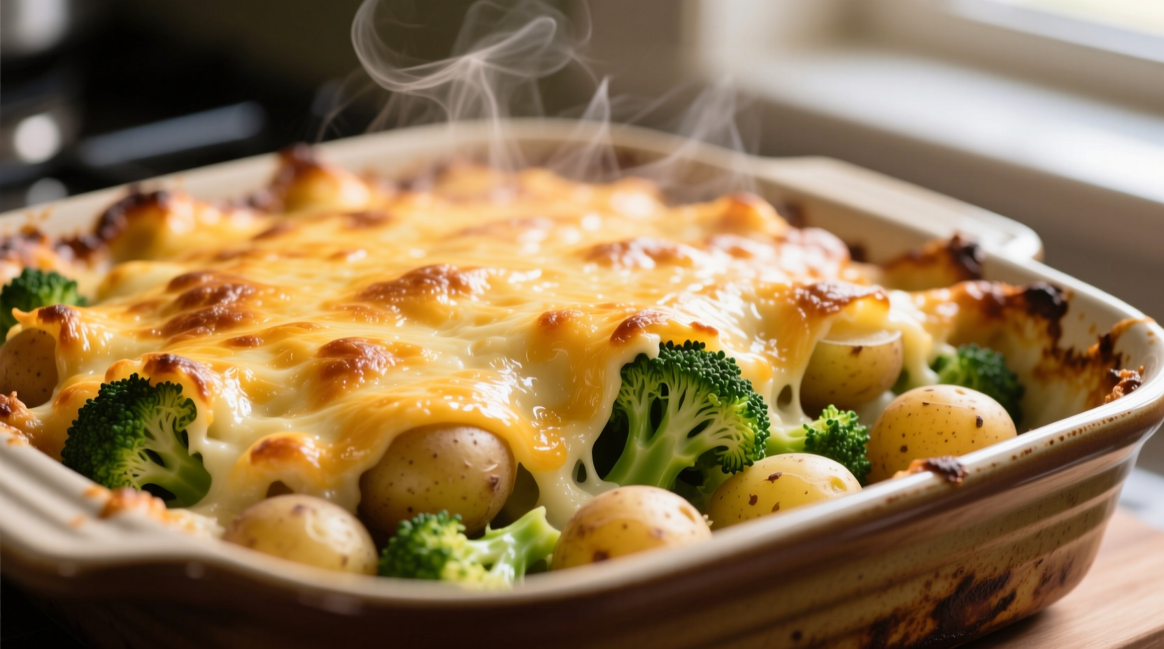 Golden potato broccoli casserole with melted cheese topping