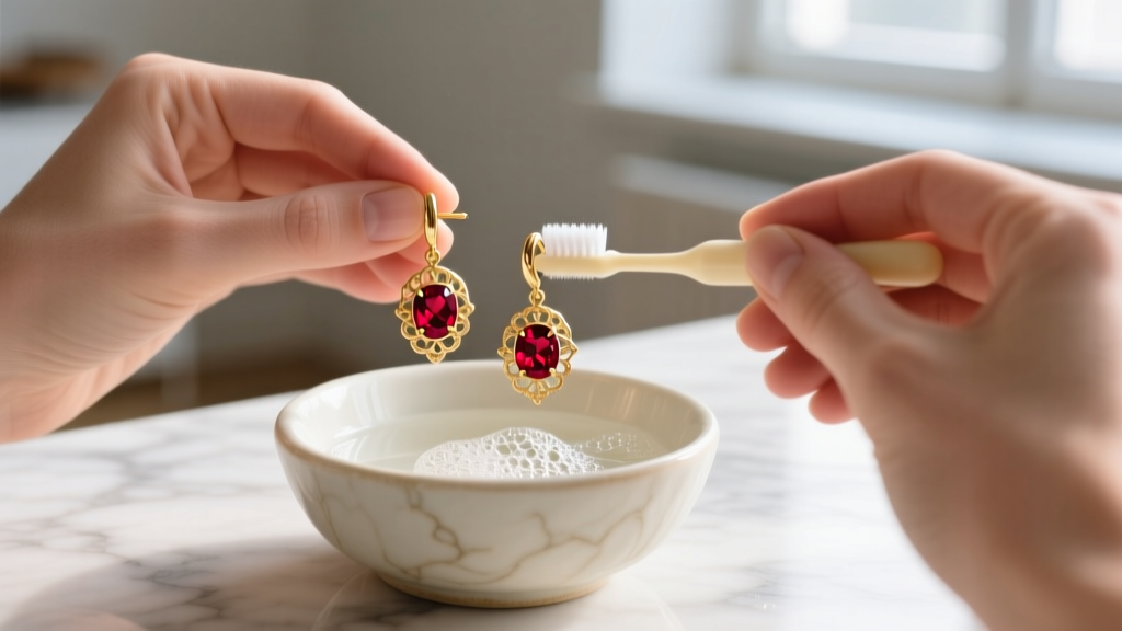 Hands gently cleaning 14k gold and garnet dangle earrings with a soft baby toothbrush in a small ceramic bowl of soapy water.